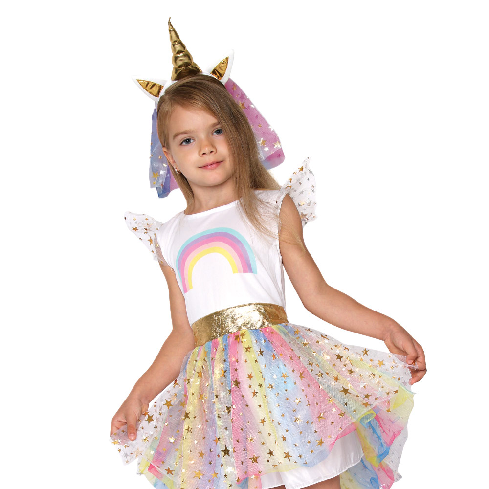 Mad Toys - Unicorn Rainbow Tutu Fancy Dress - With Headband Girls Roleplay - Birthday Halloween Costume