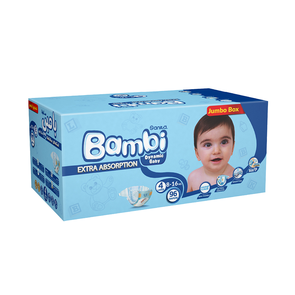 Sanita Bambi - Baby Diapers Jumbo Box Size 4, Large, 8-16 KG, 96 Count