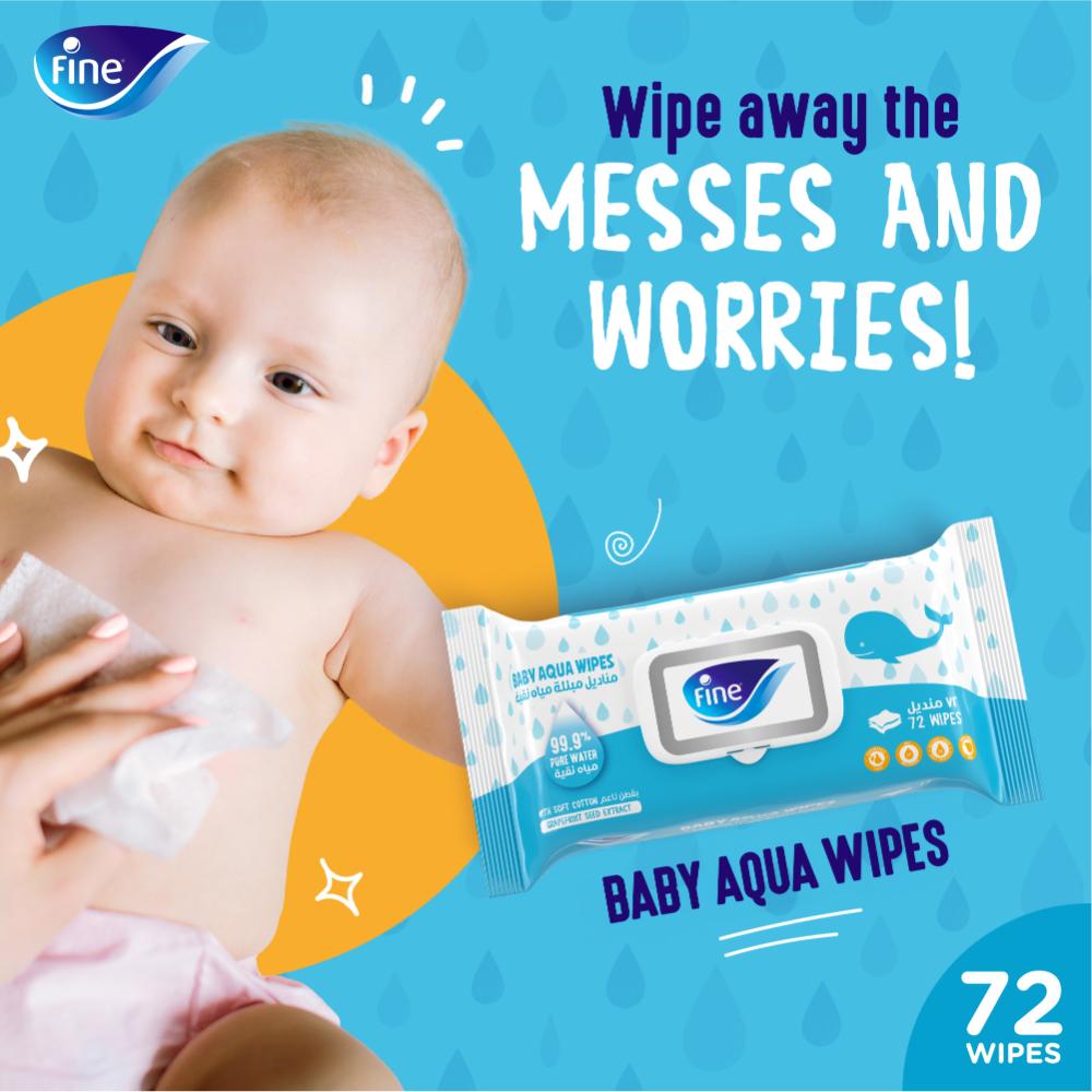 Fine Baby Aqua Wipes 99.9% Pure Water, Soft Cotton & Unscented - 72 Sheets