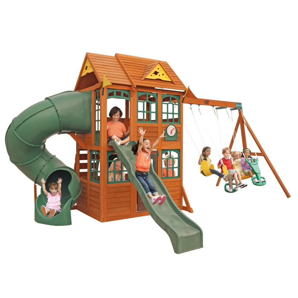 KidKraft - Charleston Lodge Wooden Outdoor Swing Set - Multicolor