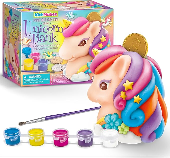 4M - KidzMaker Paint Your Own Mini Glitter Unicorn Bank Craft Kit - Multicolor