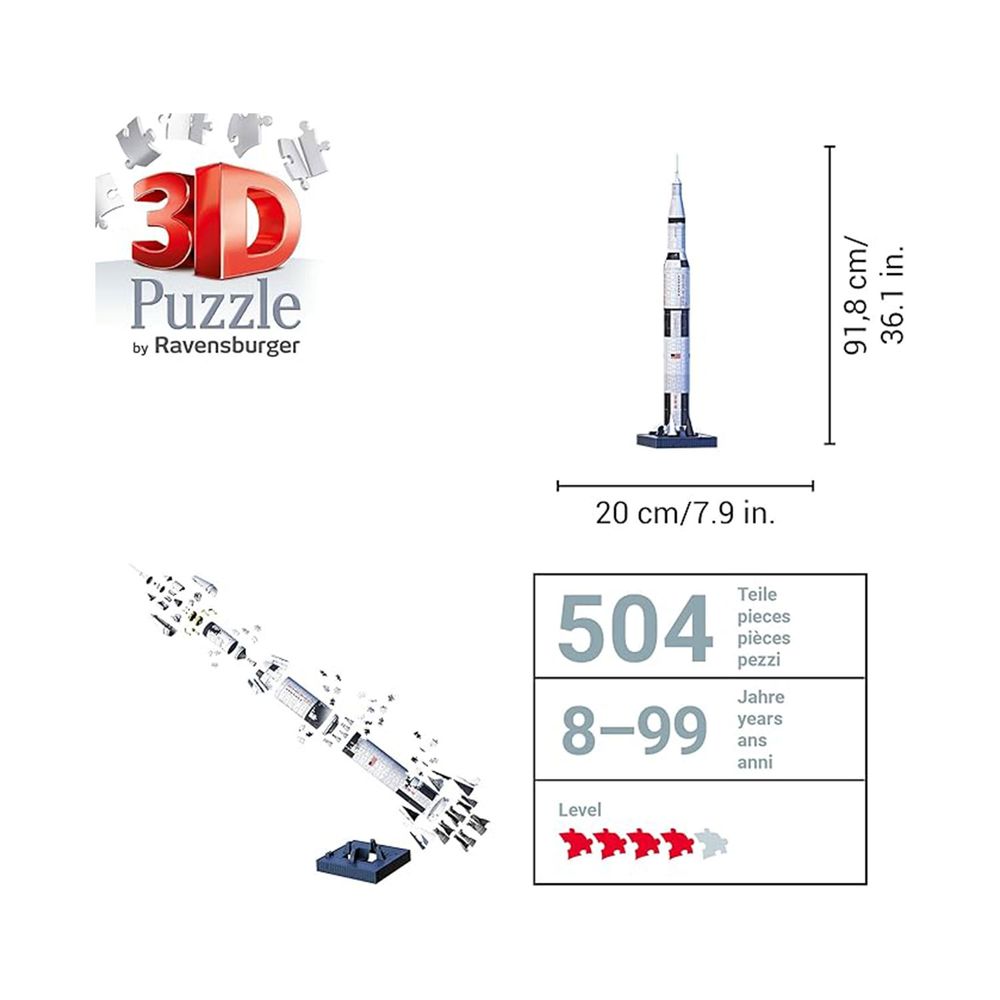 رافينسبرجر - لغز صاروخ أبولو زحل الخامس الفاخر ثلاثي الأبعاد - متعدد الألوان - 504 قطعة