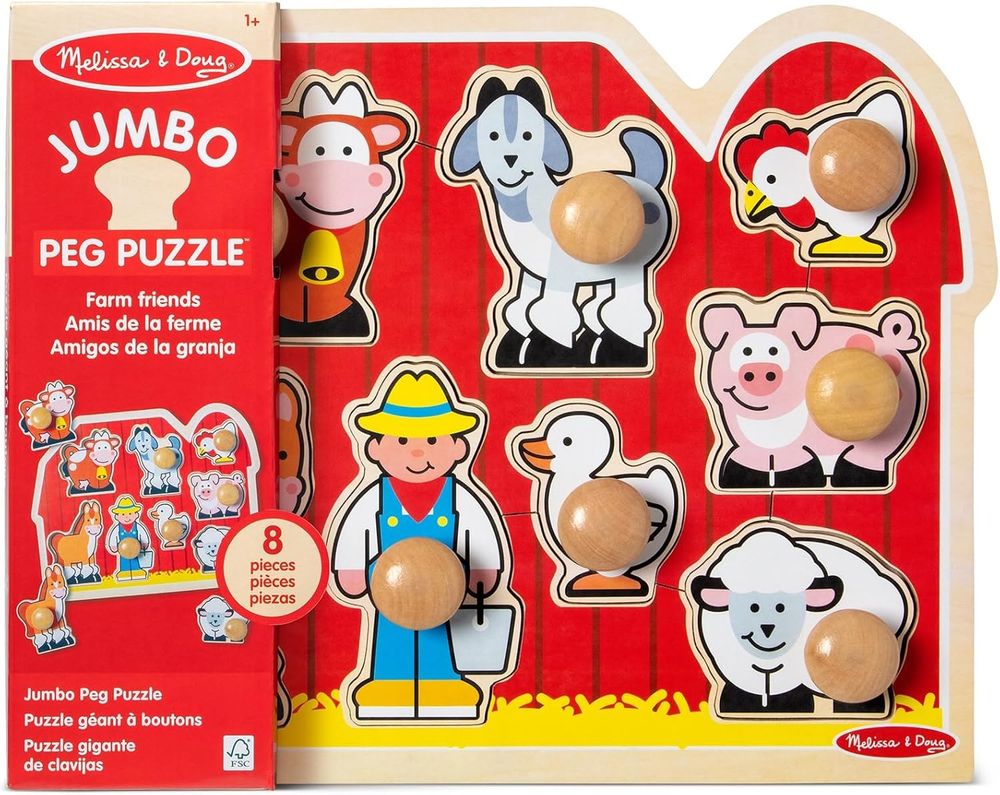 Melissa & Doug Jumbo Wooden Peg Puzzle Set - Farm Friends - 8 Pcs