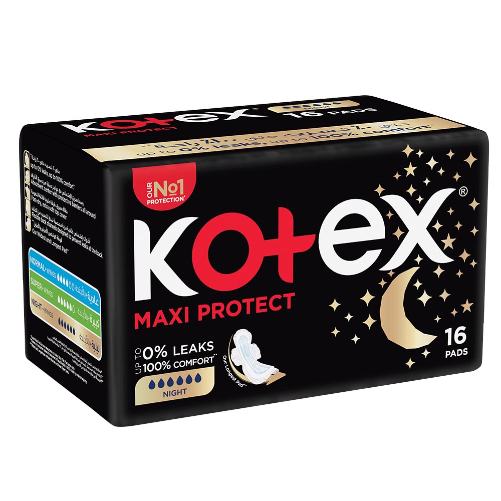 Kotex - Maxi Protect Night Sanitary Pads With Wings - 16pcs