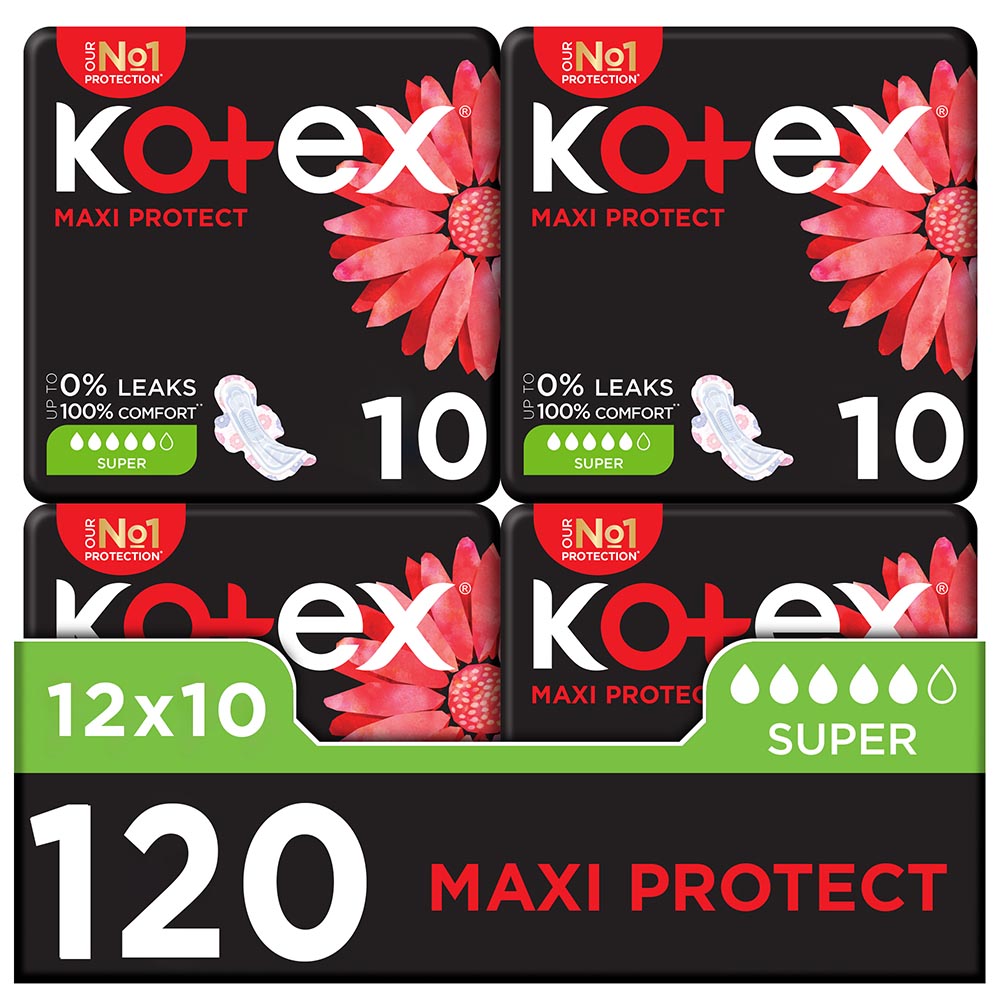 Kotex - Maxi Protect Sanitary Pads With Wings - Super - Pack of 12 - 120pcs