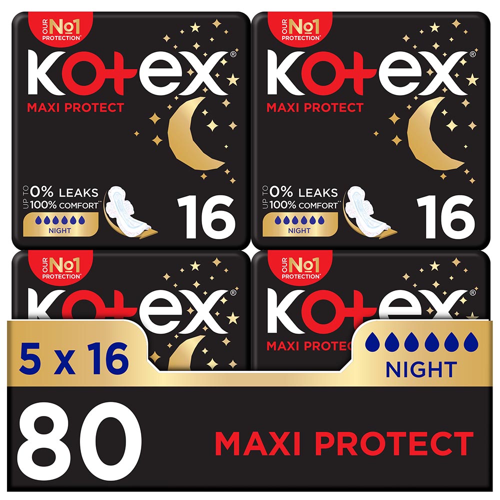 Kotex - Maxi Protect Night Sanitary Pads With Wings - Pack of 5 - 80pcs