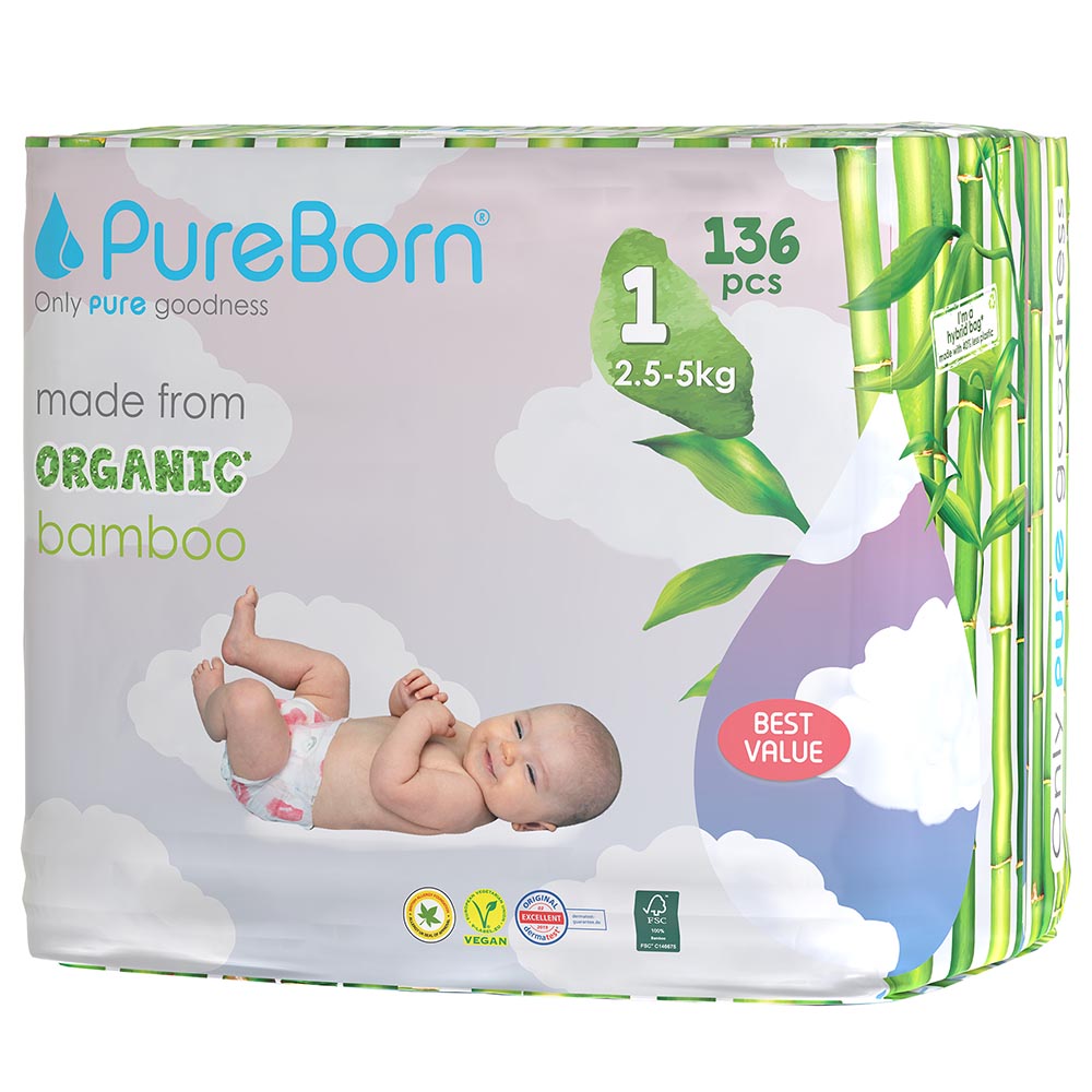 Pureborn - Nappies Master Pack - Size 1 - Pack of 136 - Design May Vary