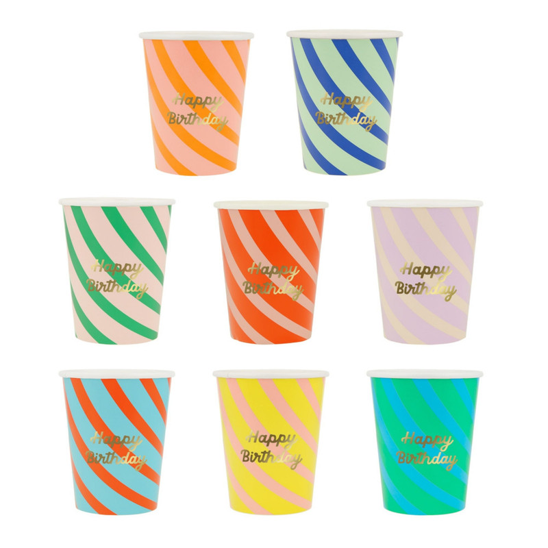 Meri Meri - Stripe Happy Birthday Cups - 8 Pcs - 256 ml