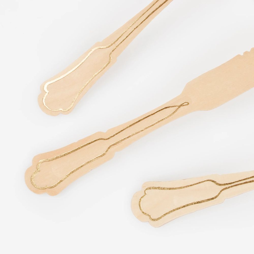 Meri Meri - Elegant Gold Foil Detail Wooden Cutlery Set - Beige - 24 Pcs