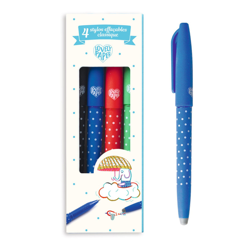 Djeco - Classic Erasable Pens With Clip Caps & Erasers - 4pcs