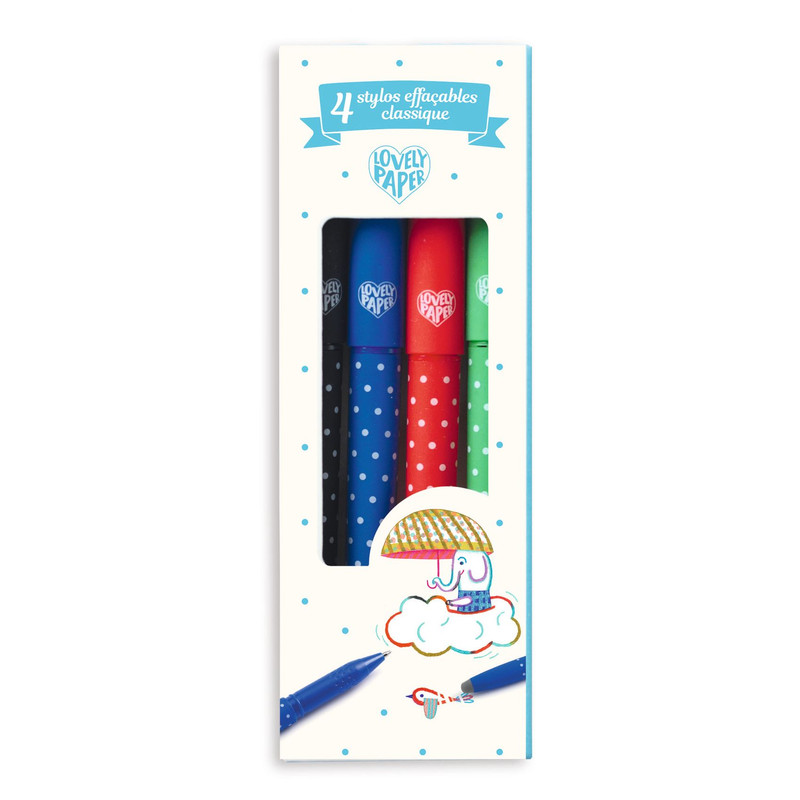 Djeco - Classic Erasable Pens With Clip Caps & Erasers - 4pcs