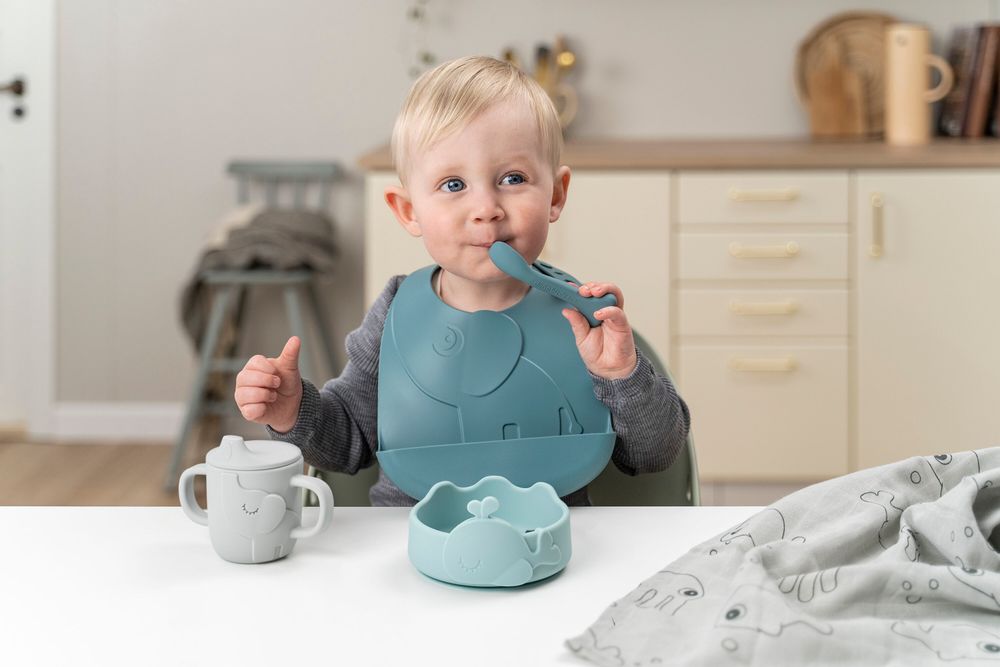 Done By Deer - Silicone Stick & Stay Bowl With Baby Spoon - Wally - Blue