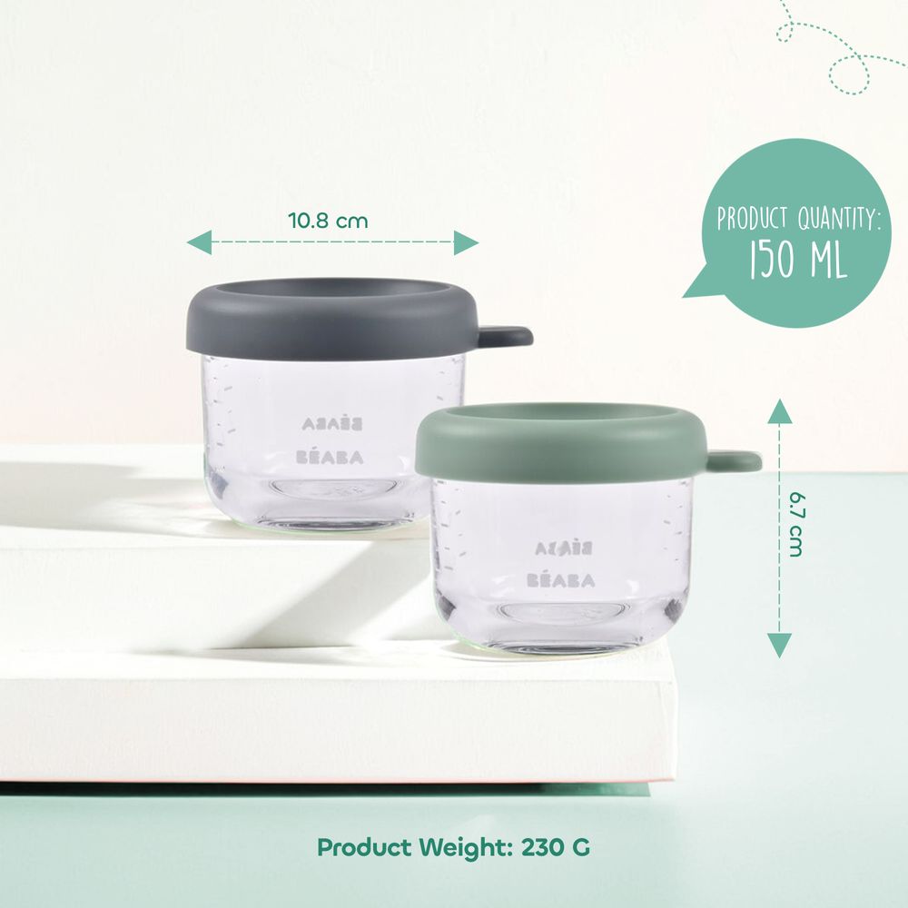 بيبا - حافظة طعام الأطفال زجاج 150 مل - معدني وأخضر ميرمية - عدد 2 