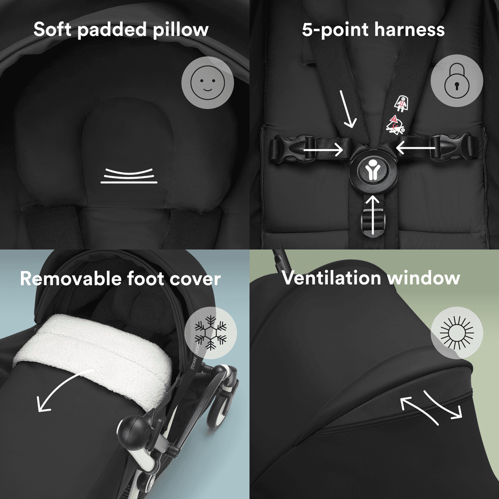 ستوك - عربية أطفال يويو3 الكاملة مع إطار وفرش حديثي الولادة وفرش 6 أشهر بإطار أسود