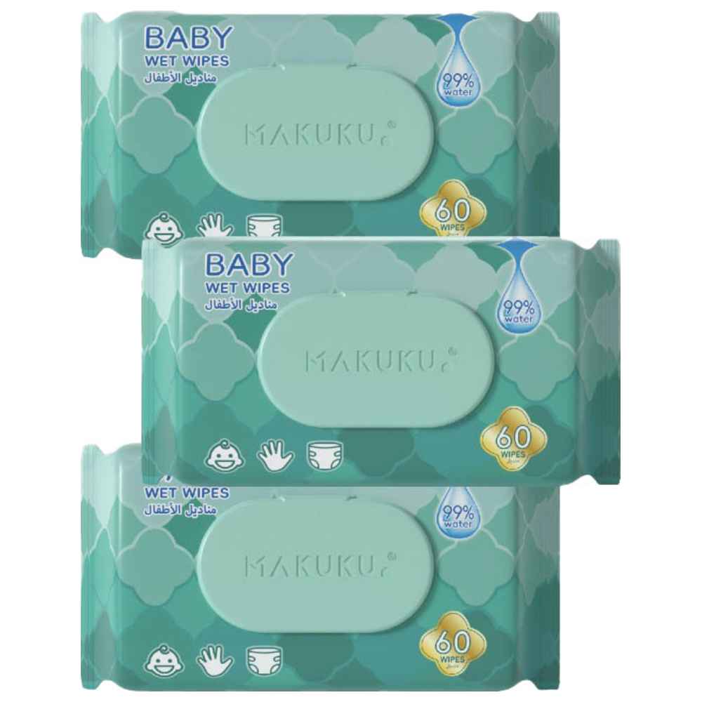 ماكوكو - مناديل مبللة للأطفال تحتوي على 99% من الماء - عدد 3 - 180 منديل