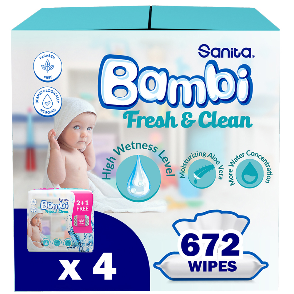 سانيتا بامبي - مناديل مبللة للأطفال منعشة ونظيفة - عبوة من 4 قطع - 672 منديل