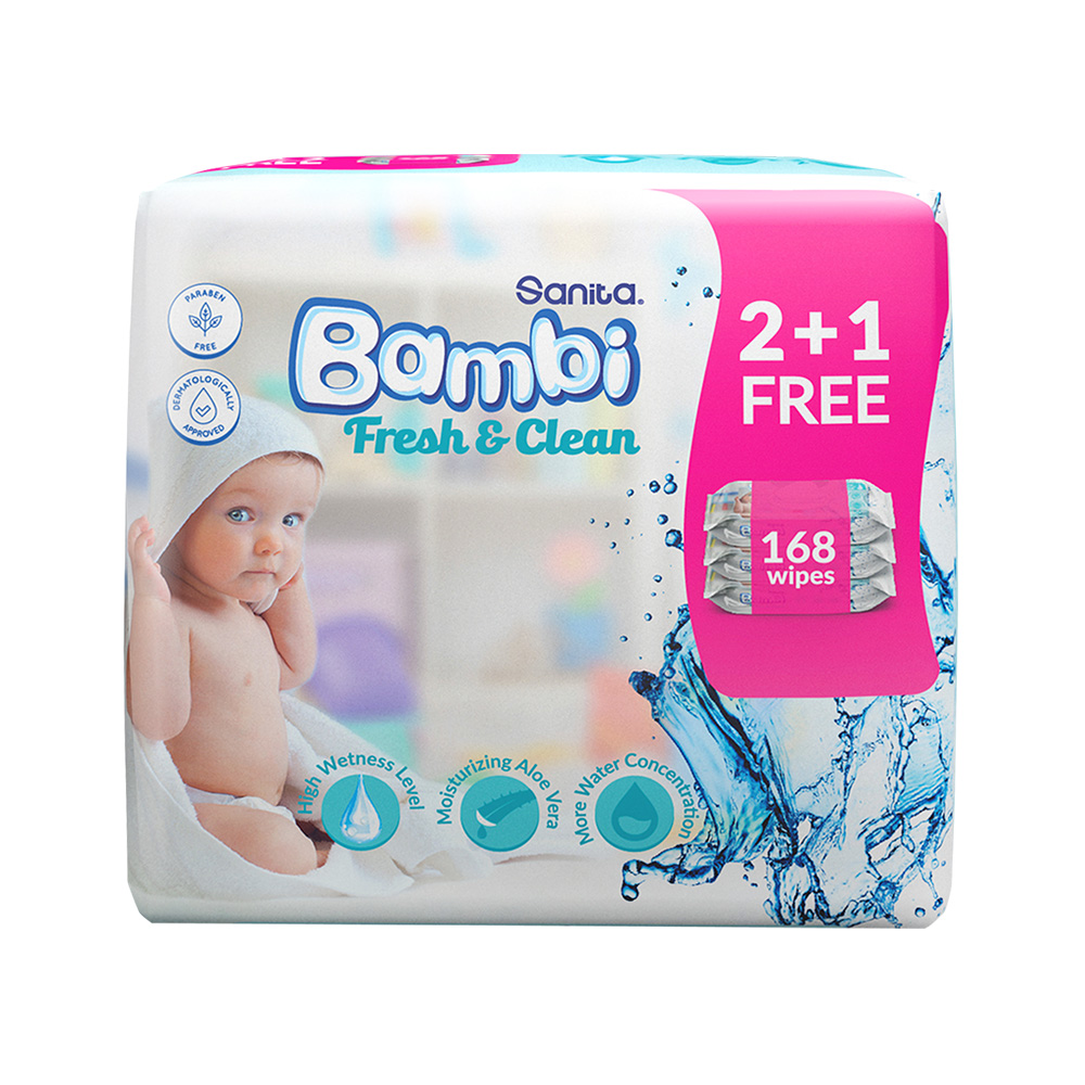 سانيتا بامبي - مناديل مبللة للأطفال منعشة ونظيفة - عبوة من 4 قطع - 672 منديل