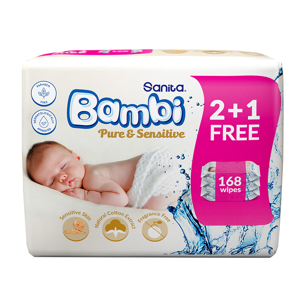 Sanita Bambi Pure And Sensitive Baby Wet Wipes - Pack Of 4 - 672 Wipes