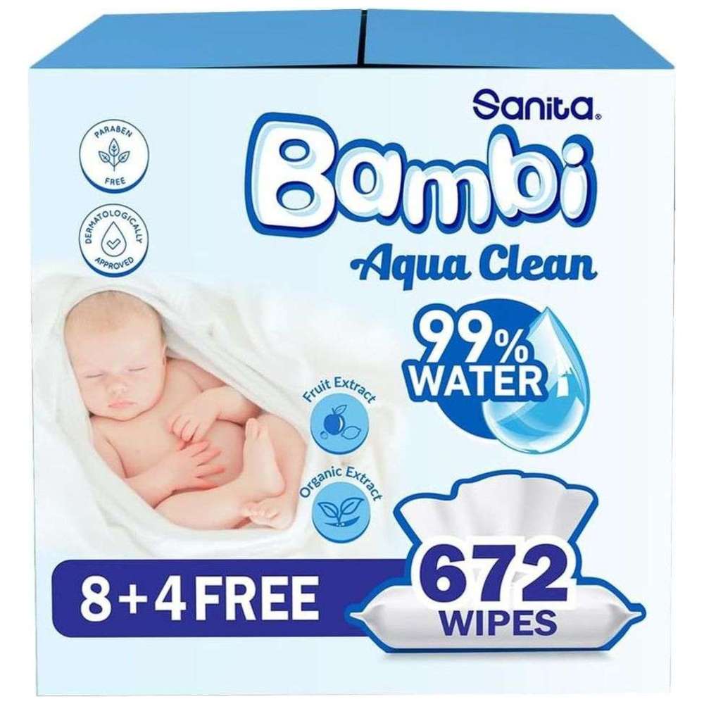 Sanita Bambi Aqua Clean Baby Wet Wipes - Pack of 12 - 672 Wipes