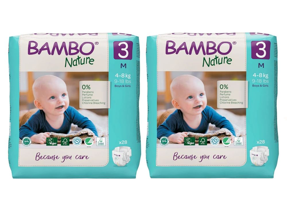 Bambo Nature - Eco-Labeled Disposable Diapers - Size 3 M - 4-8 kg - Pack of 2 - 56 Pcs