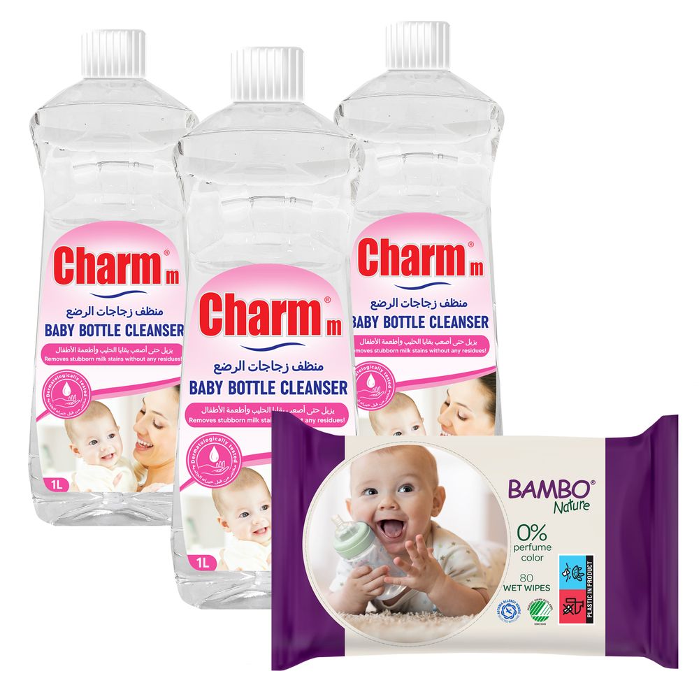 Charmm - Baby Bottle Cleanser & 80 Bambo Nature Wet Wipes Set - Pack of 3 - 1 L