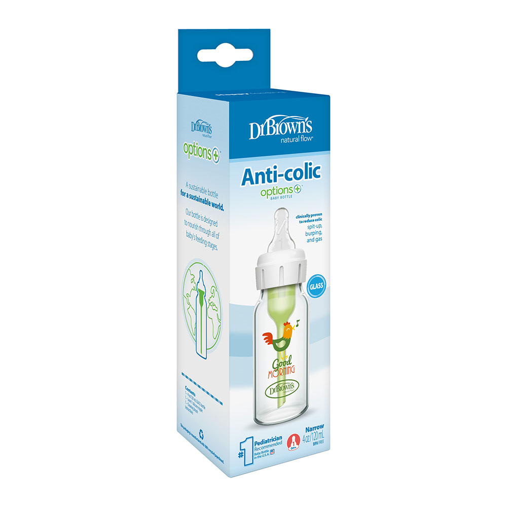 Dr. Browns - Glass Narrow Anti-Colic Baby Bottle - Rooster - 120 ml