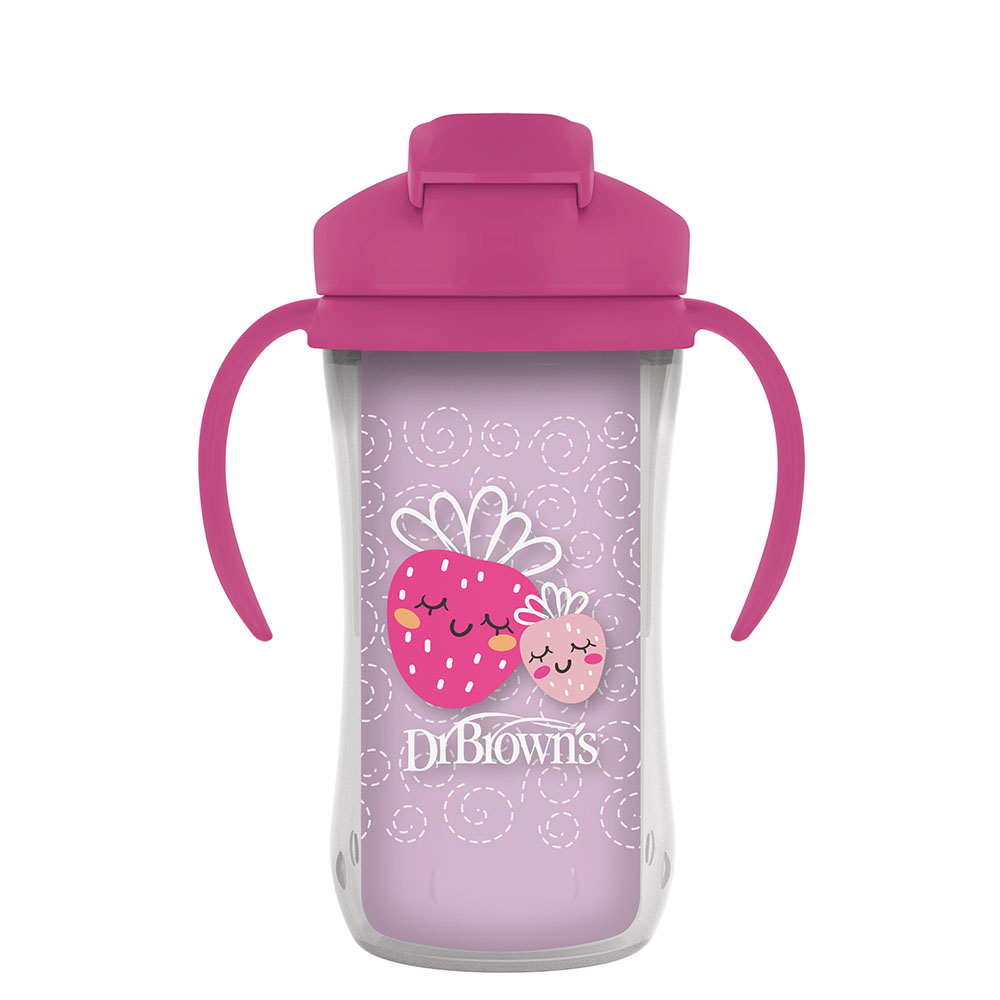 Dr. Browns - Strawberry Insulated Straw Cup With Handles - Pink - 300 ml