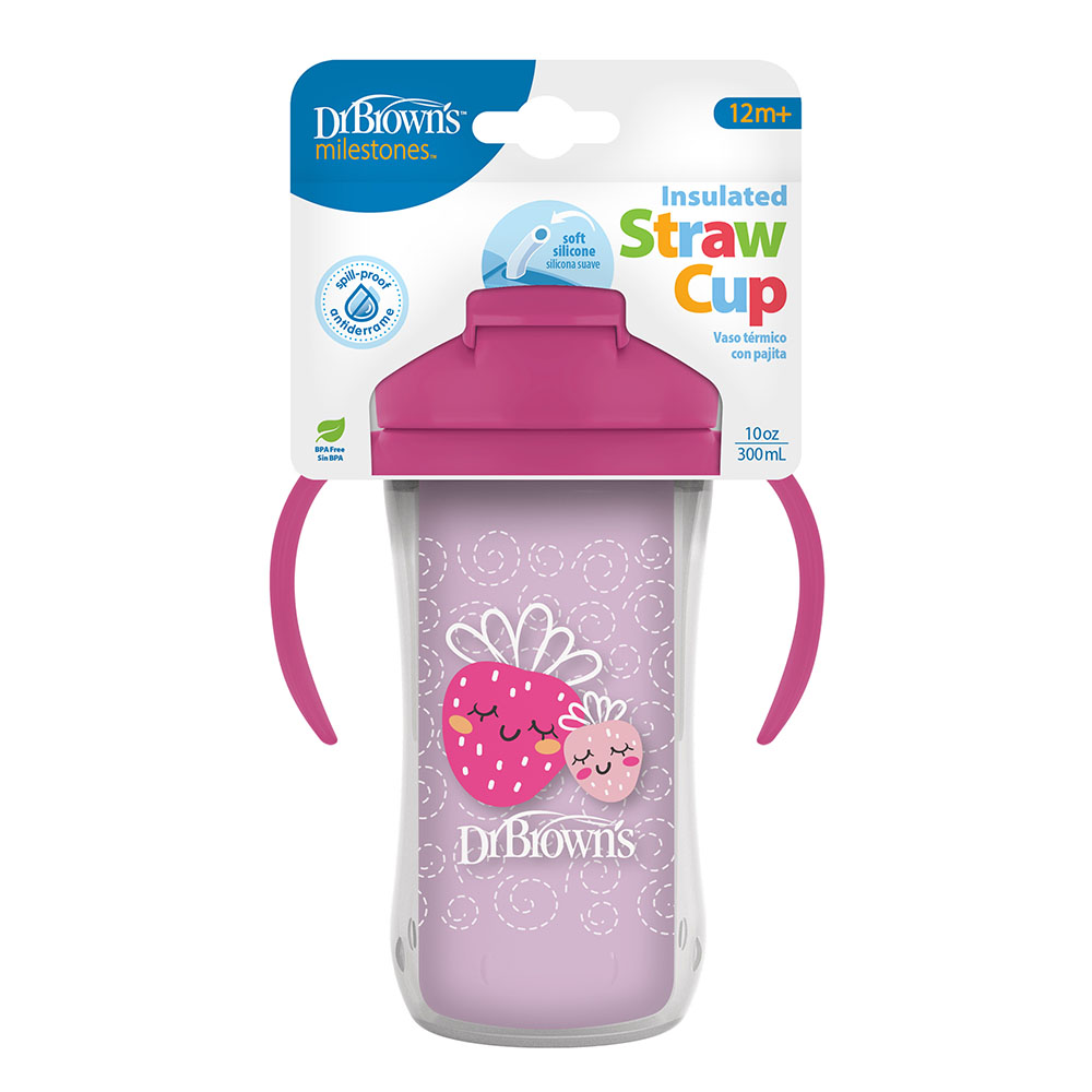Dr. Browns - Strawberry Insulated Straw Cup With Handles - Pink - 300 ml