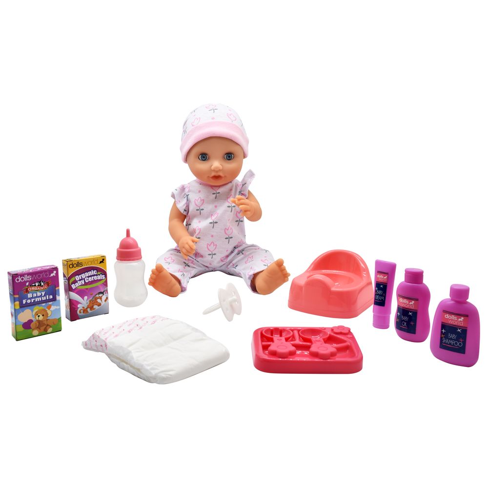 دولزوورلد - مجموعة لعب دمية بيبي تينكلز للشرب والتبول - 11 قطعة