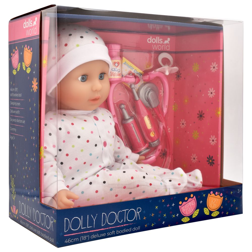 دولزوورلد - مجموعة لعب دمية دوللي بجسم طري وطبيب الأطفال - 8 قطع