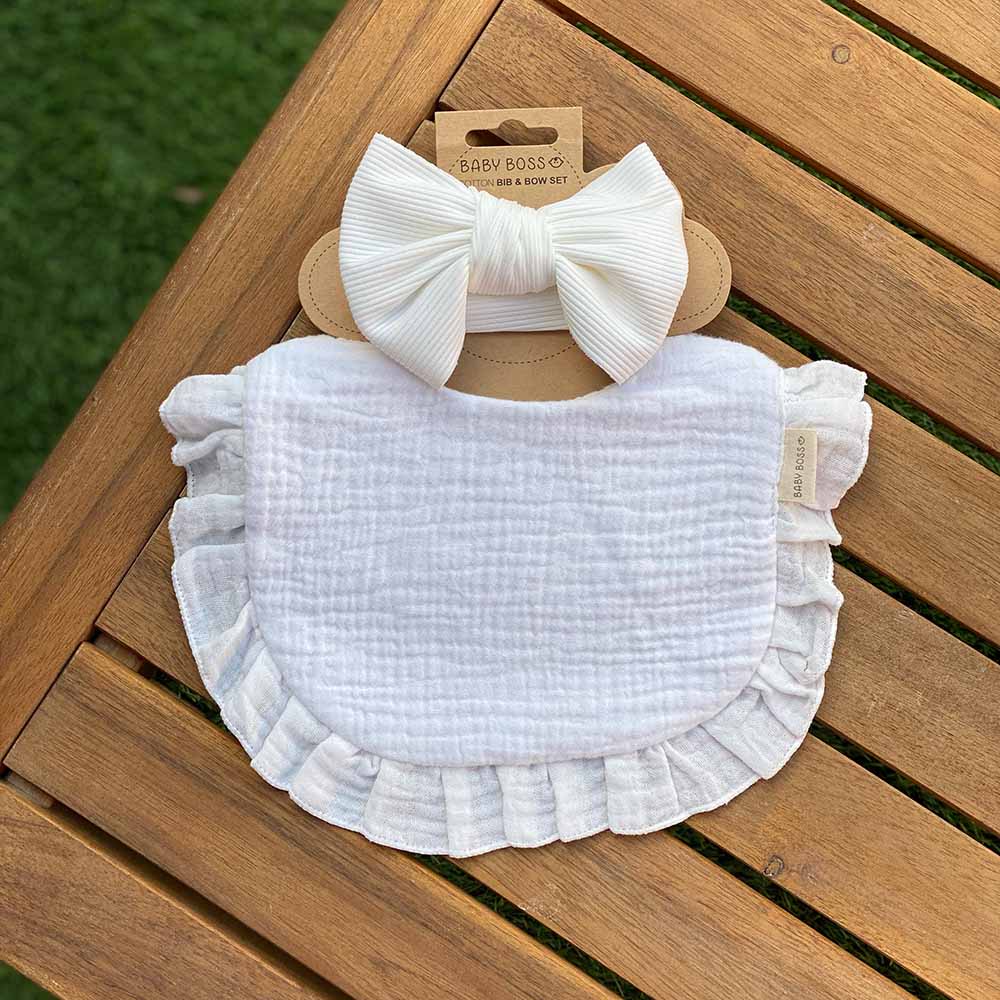 Baby Boss - Cotton Bib And Headband Bow Set - White