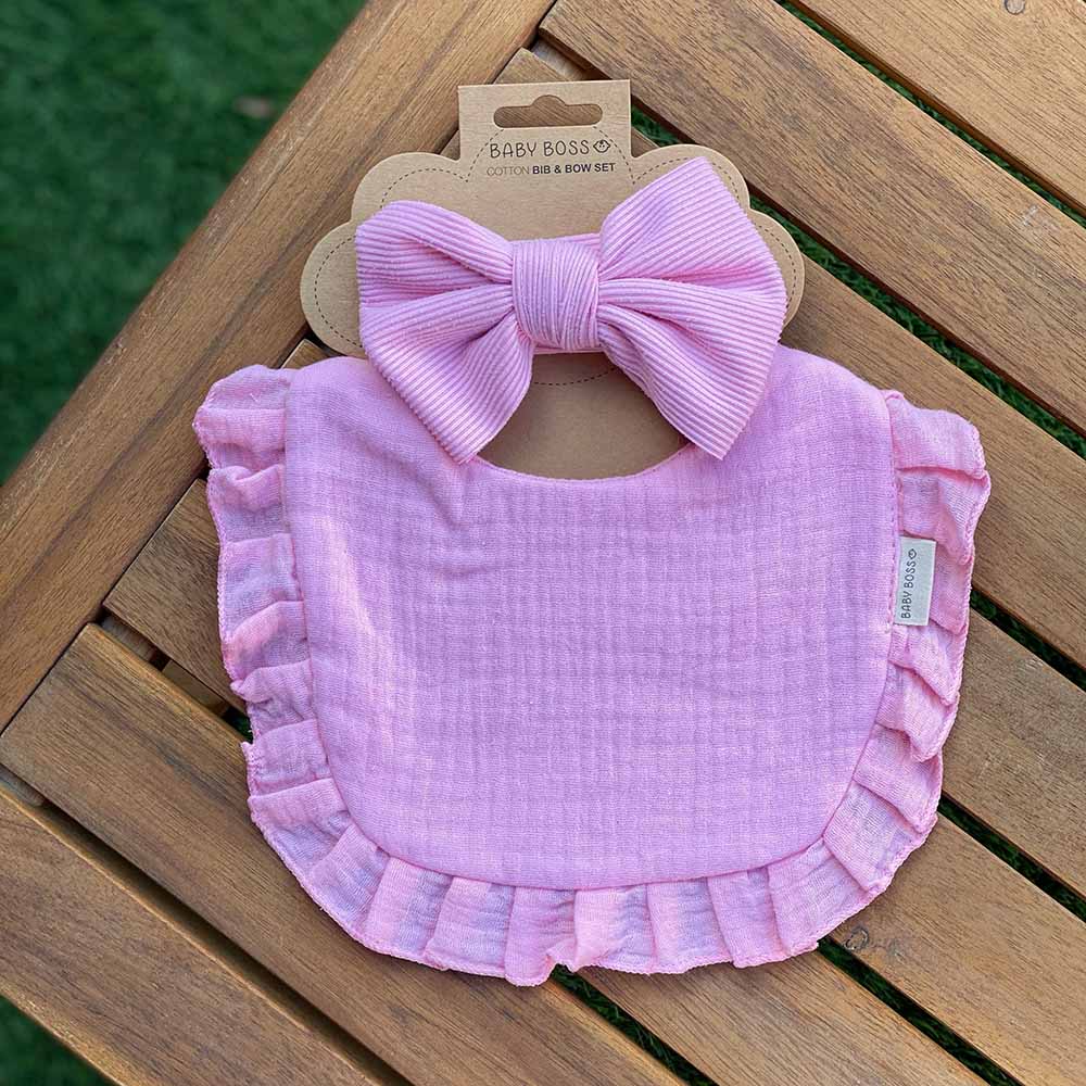 Baby Boss - Cotton Bib And Headband Bow Set - Pink