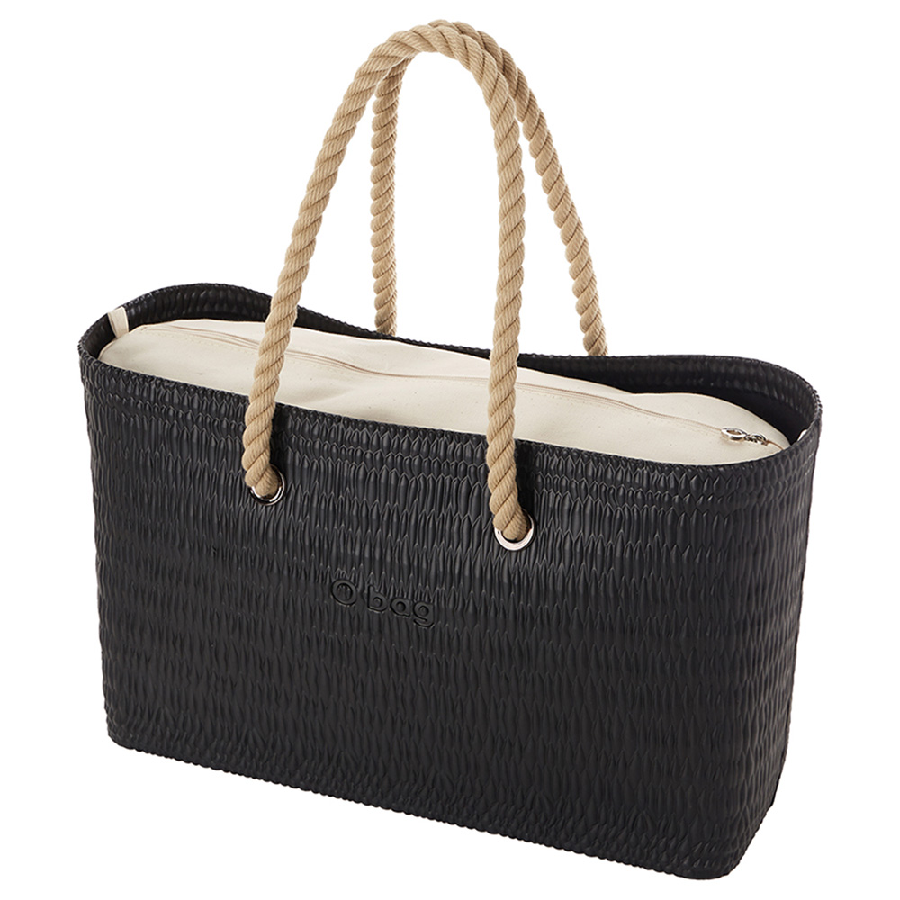 O Bag - Beach XL Bag With Fabric Canvas Inner Black & Long Rope Handles Natural - Black
