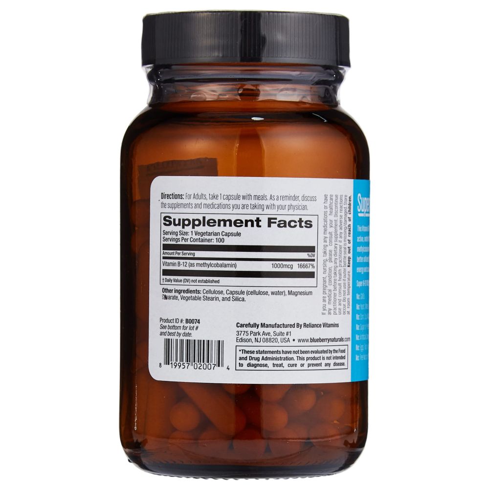 Blueberry Naturals - Super B12 1000 Mg Capsules - 100 Pcs