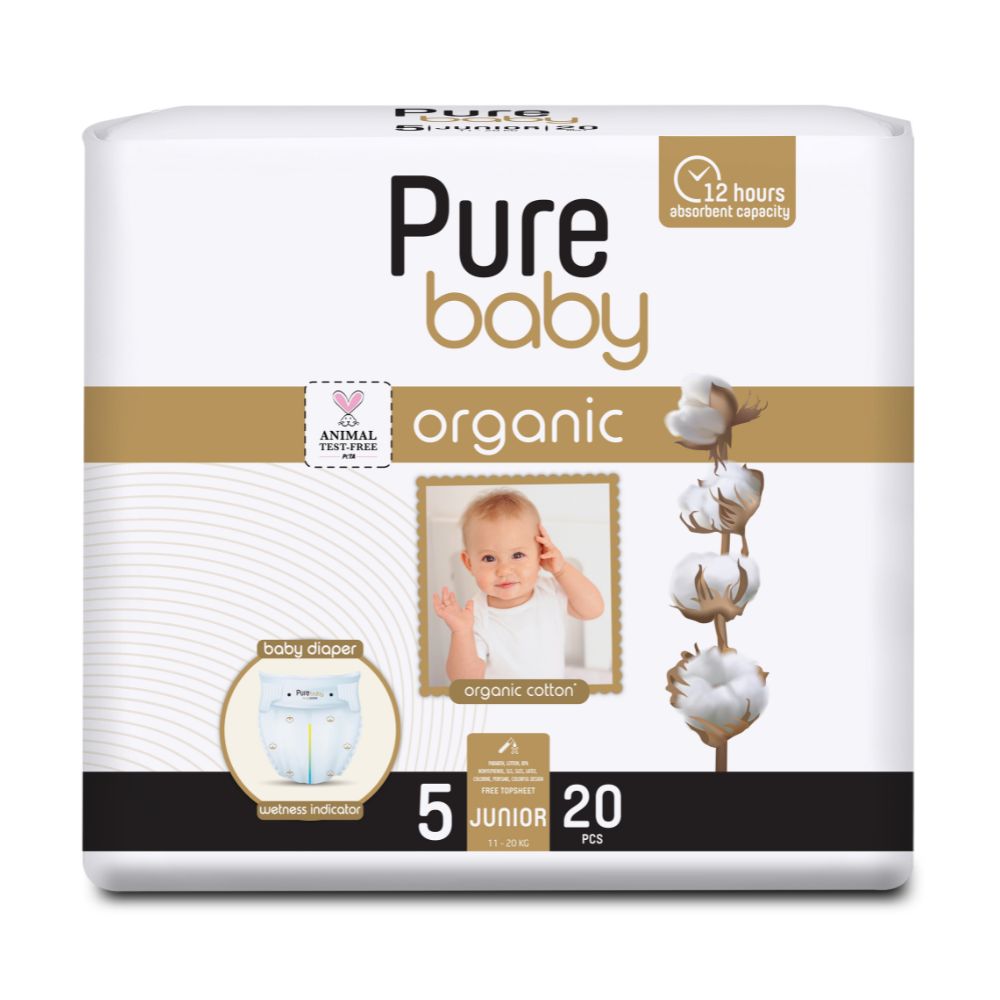 بيور بيبي - حفاضات أطفال بنواة قطن عضوي - مقاس 5 - 11-18 كجم - عدد 20