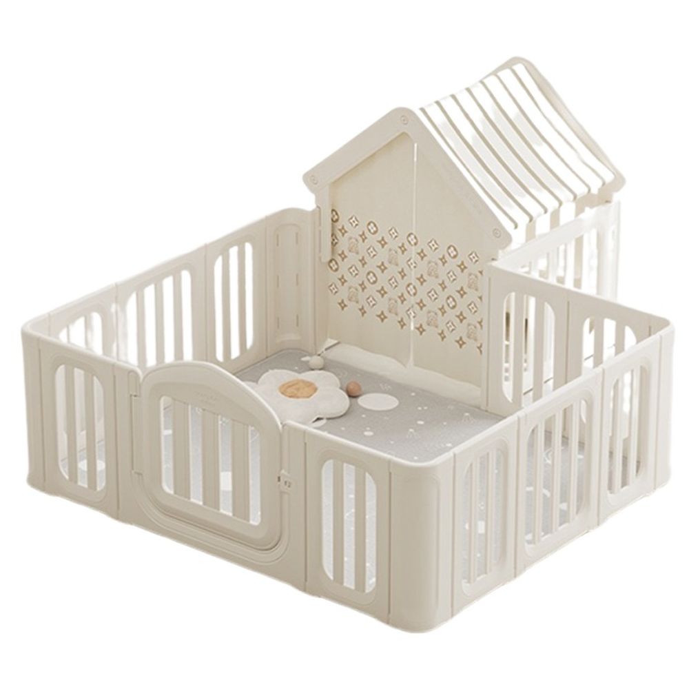 ميجا ستار - سلة (قفص) اللّعب قابلة للطي مع بوابة أمان وسقف - أوف وايت