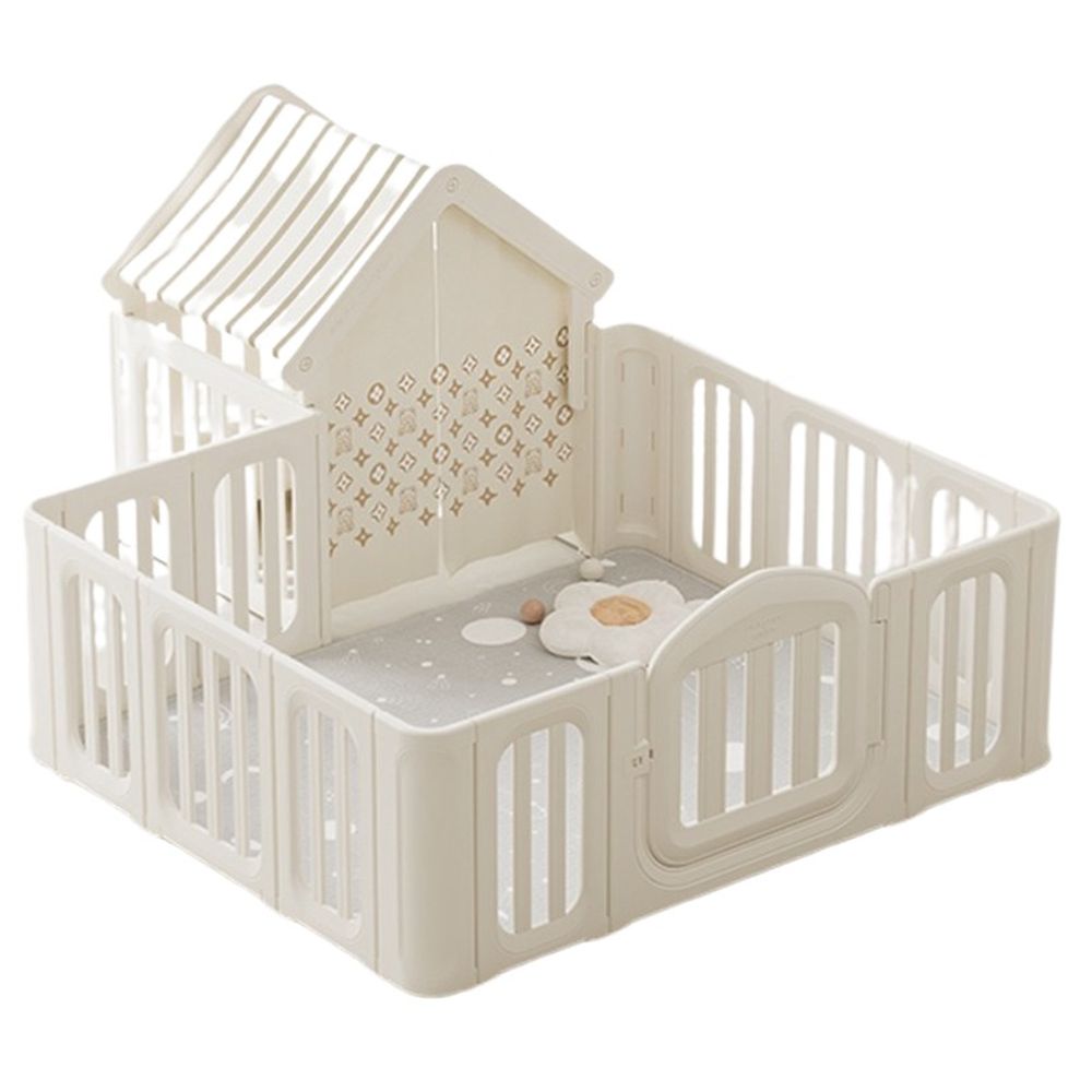 ميجا ستار - سلة (قفص) اللّعب قابلة للطي مع بوابة أمان وسقف - أوف وايت