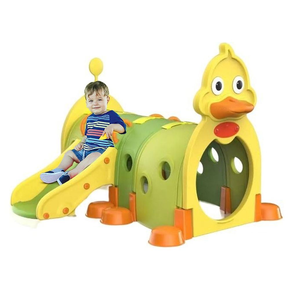 ميجا ستار - نفق بطة رباعي للتسلق والحبو مع زحليقة - أصفر/أخضر