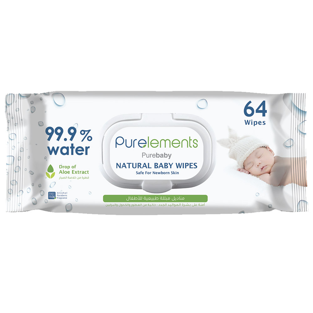 Purelements - Aloe Vera 99.9% Water Wipes For Sensitive Skin - Pack Of 64