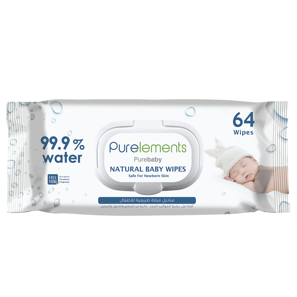 Purelements - Natural 99.9% Water Wipes For Sensitive Skin - Pack Of 64