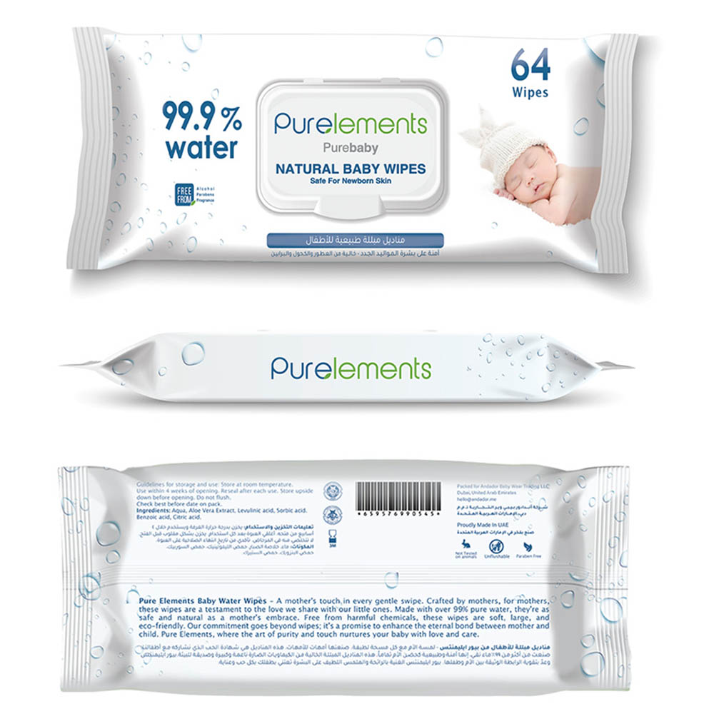 Purelements - Natural 99.9% Water Wipes For Sensitive Skin - Pack Of 64
