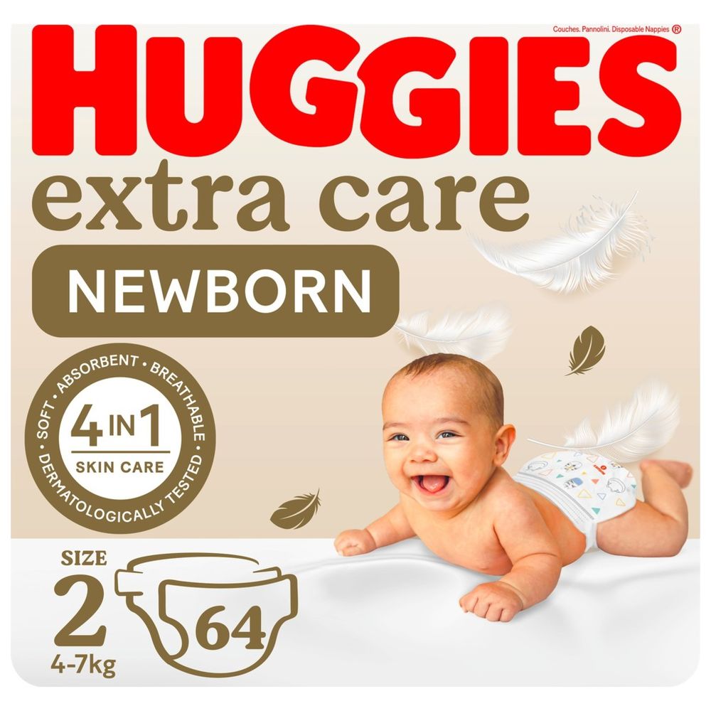 Huggies - Extra Care Newborn, Size 2, 4 - 6 kg, Jumbo Pack, 64 Diapers