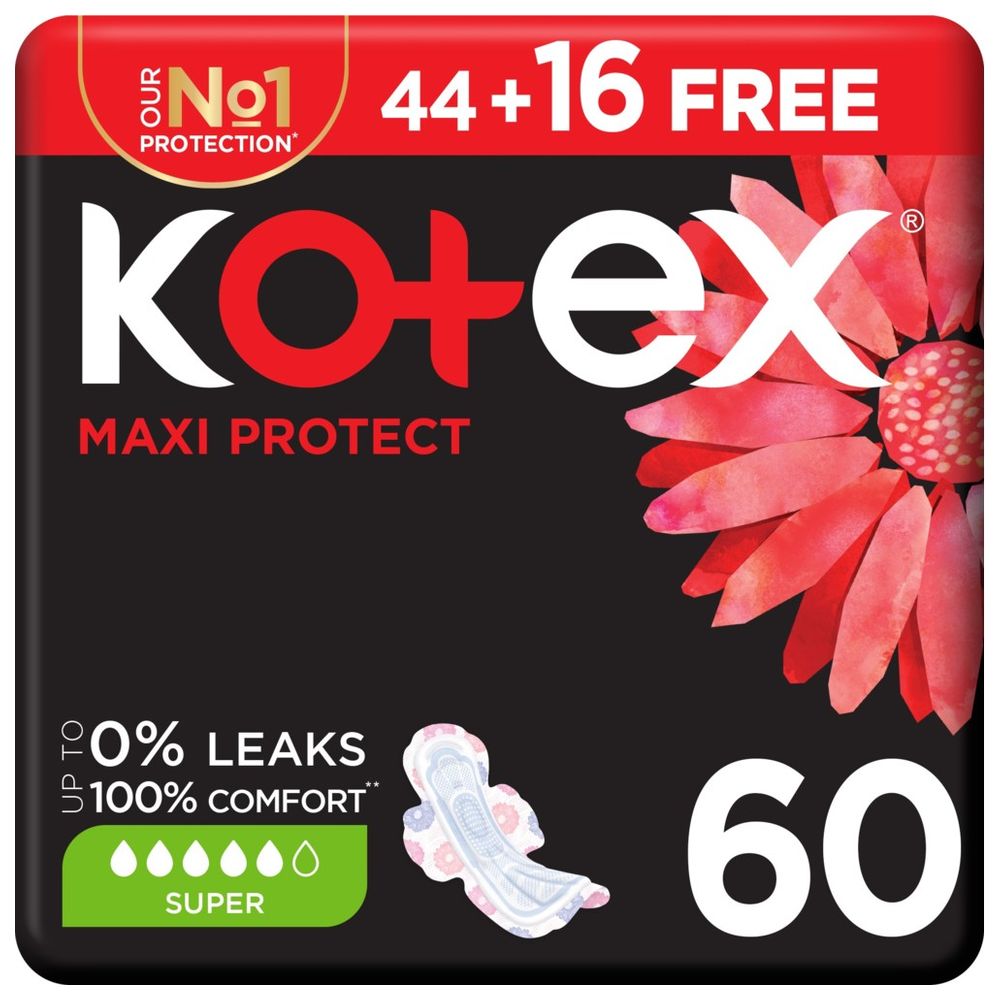 Kotex - Maxi Protect Thick Pads, Super Size Sanitary Pads with Wings, 60 Sanitary Pads