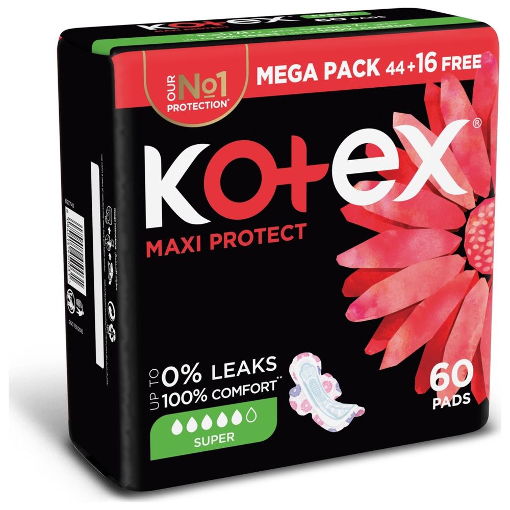 Kotex - Maxi Protect Thick Pads, Super Size Sanitary Pads with Wings, 60 Sanitary Pads