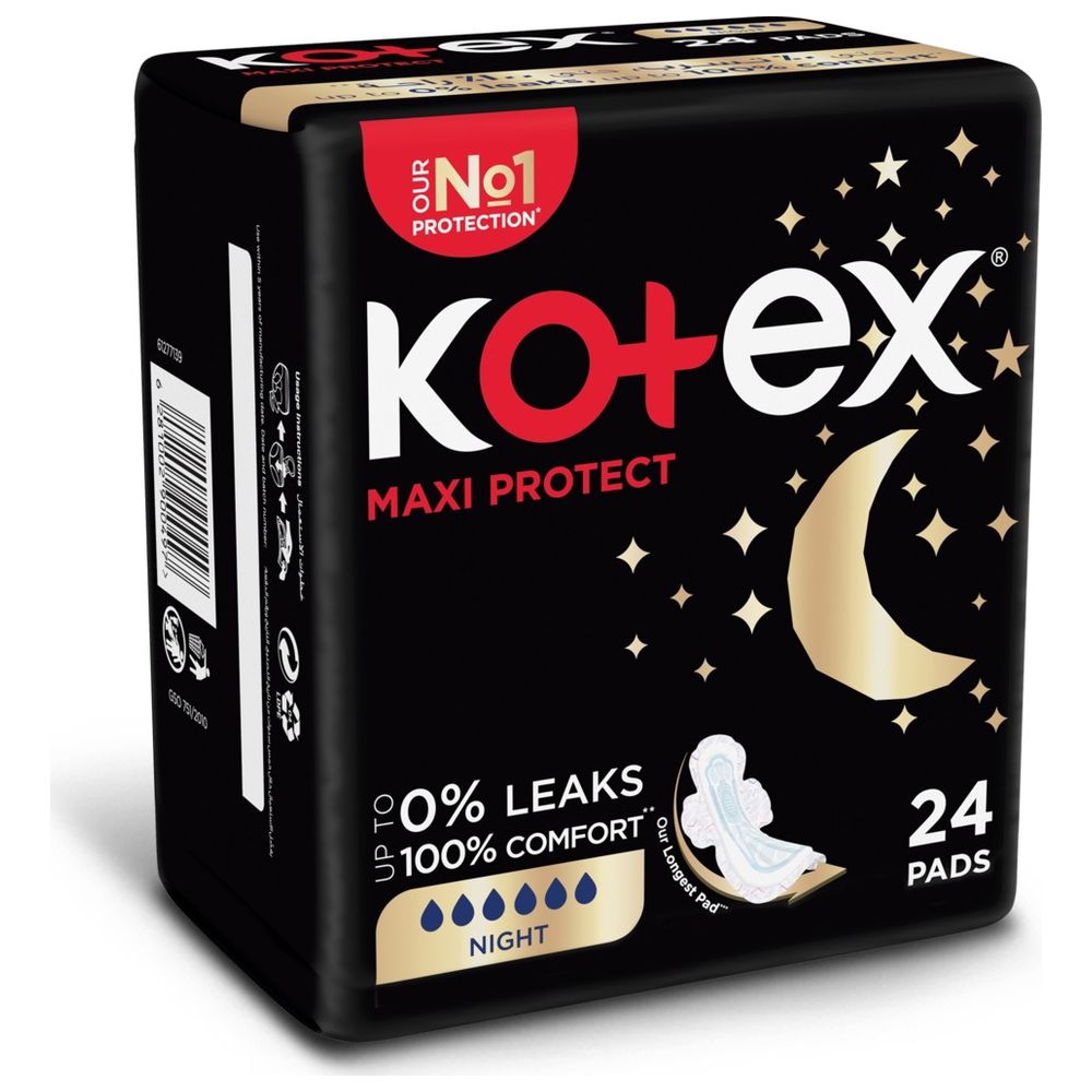 Kotex - Maxi Protect Thick Pads, Overnight Protection Sanitary Pads with Wings, 24 Sanitary Pads