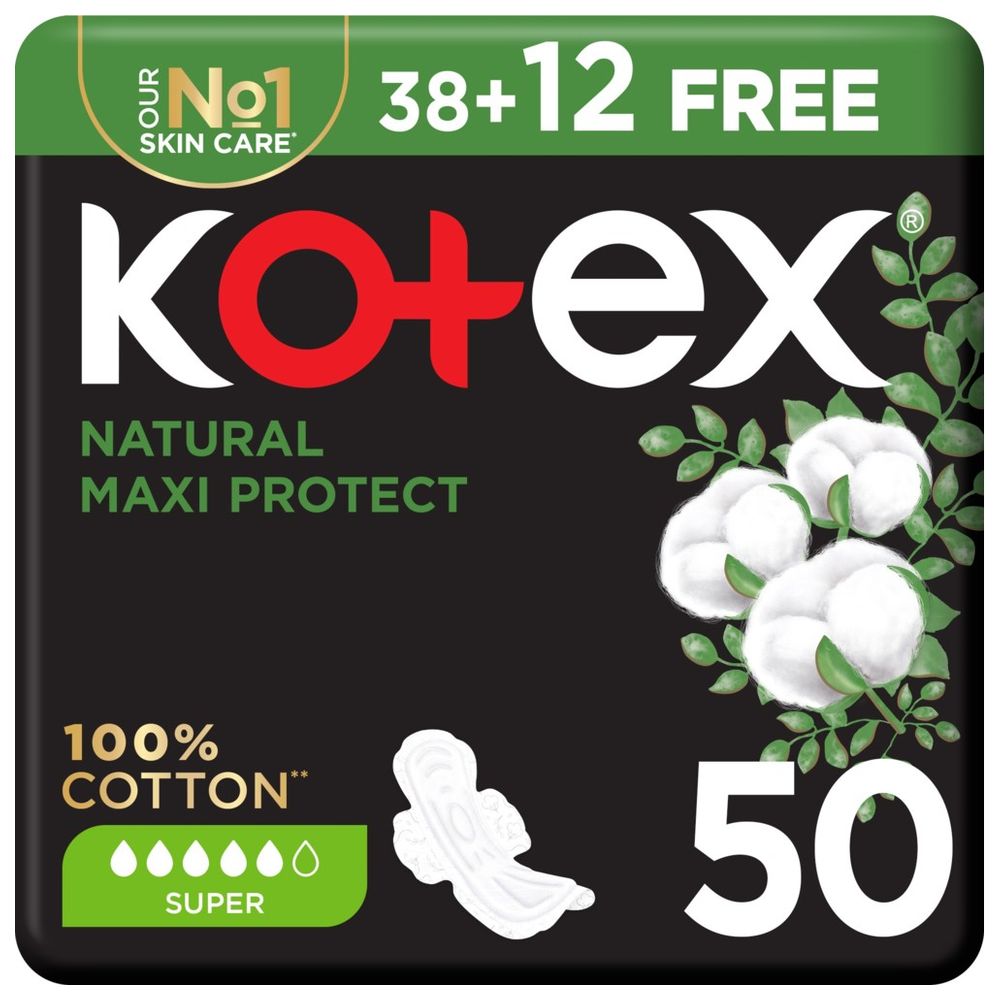 Kotex - Natural Maxi Protect Thick Pads, 100% Cotton Pad, Super Size with Wings, 50 Sanitary Pads