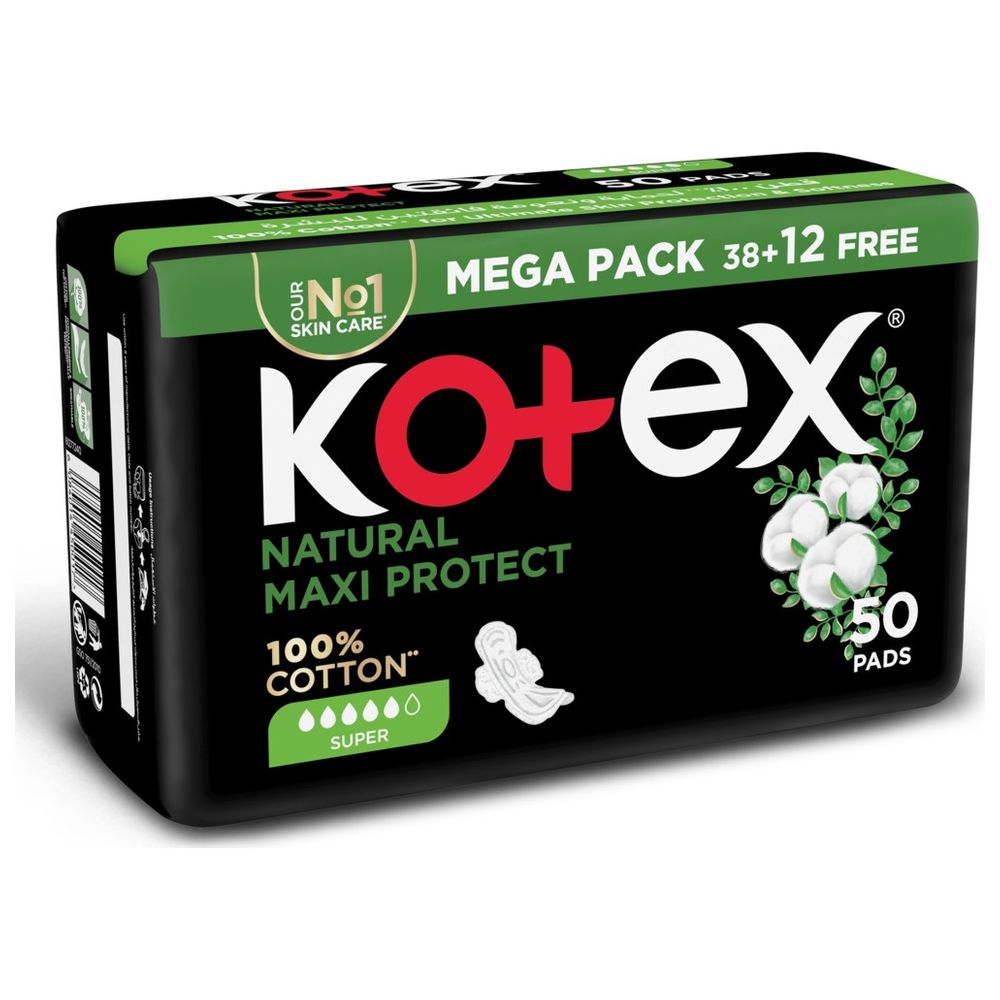 Kotex - Natural Maxi Protect Thick Pads, 100% Cotton Pad, Super Size with Wings, 50 Sanitary Pads