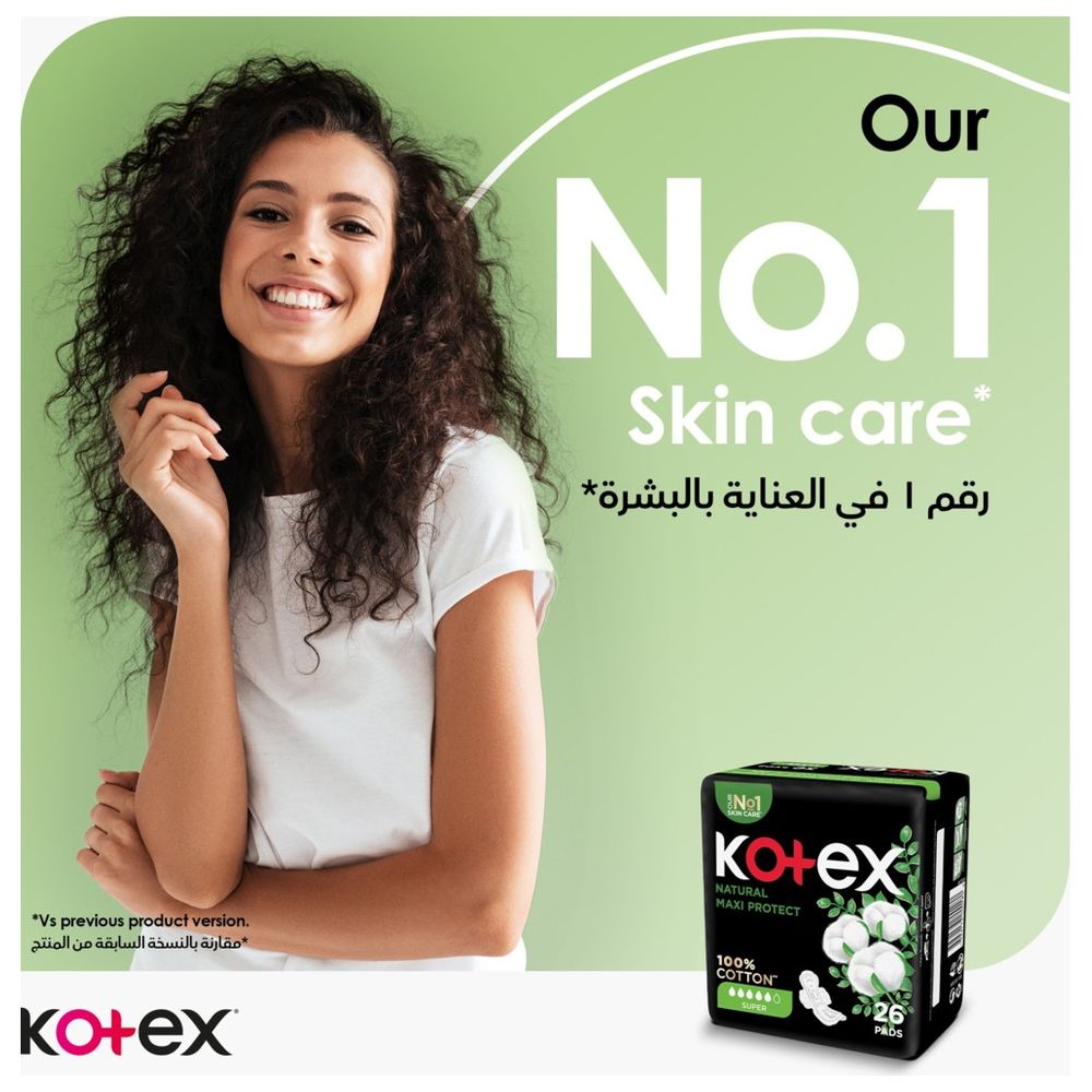 Kotex - Natural Maxi Protect Thick Pads, 100% Cotton Pad, Super Size with Wings, 50 Sanitary Pads