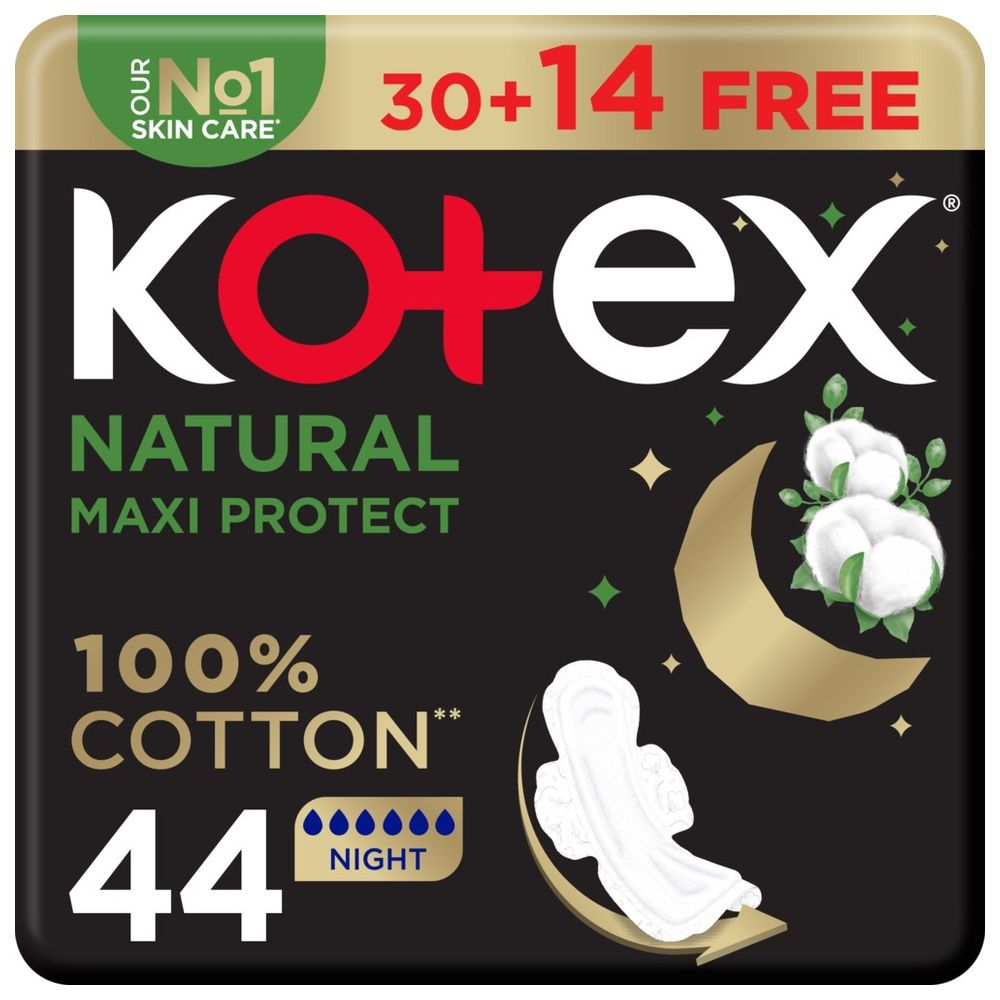 Kotex - Natural Maxi Protect Thick Pads, 100% Cotton Pad, Overnight Protection Sanitary Pads with Wings, 44 Sanitary Pads