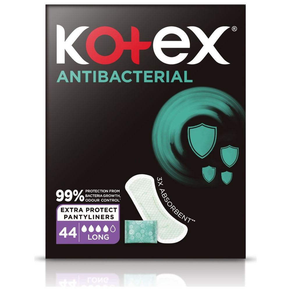 Kotex - Antibacterial Panty Liners, 99% Protection from Bacteria Growth, Long Size, 44 Daily Panty Liners